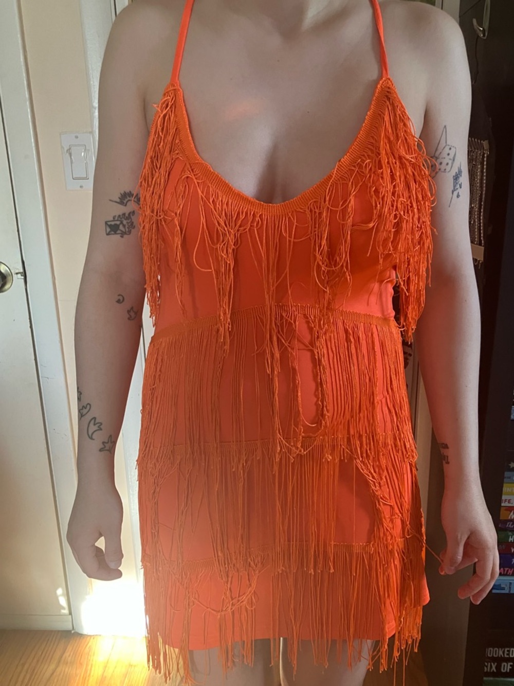 Amazon Orange Fringe Spaghetti-Strap Dress